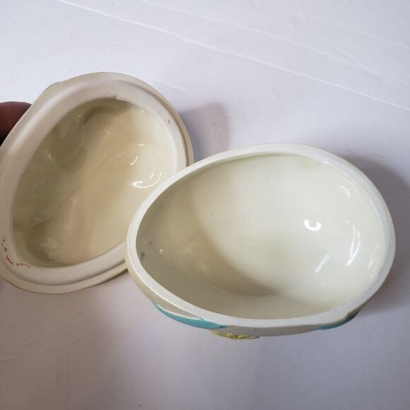 Cute Vintage 80s Hand Painted Pastel Blue Ceramic Easter Egg Trinket Bowl - Picture 3 of 5